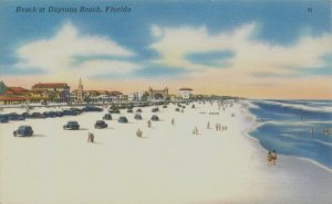 Beach at Daytona Beach Florida, Old Cars Linen Postcard Unposted