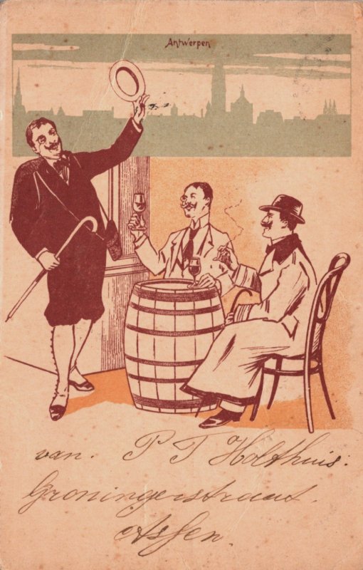 Men Drink Wine at a Barrel That Serves as a Table Vintage Postcard C272