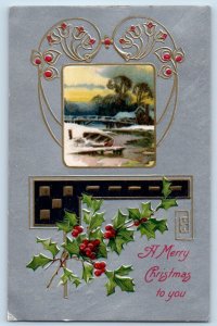 Christmas Postcard Holly Berries Winter Scene Winsch Back Embossed Lyndhurst WI