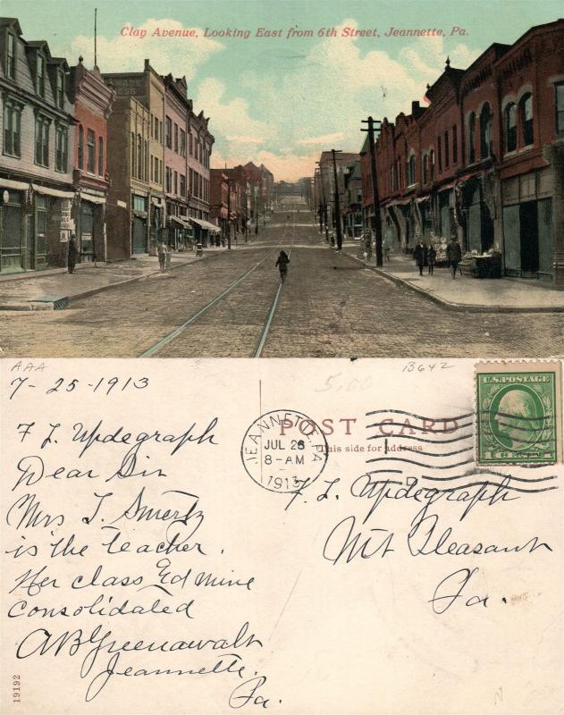 JEANNETTE PA CLAY AVENUE 1913 ANTIQUE POSTCARD