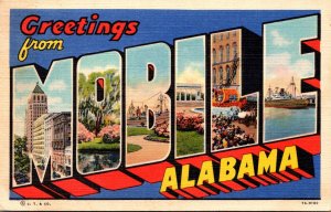 Alabama Mobile Greetings Large Letter Linen 1938 Curteich