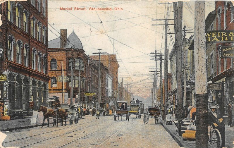 H1/ Steubenville Ohio Postcard c1910 Market Street Wagons Stores 21 