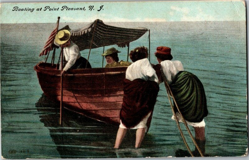 Girls Pushing Boat, Boating at Point Pleasant NJ c1909 Vintage Postcard V36