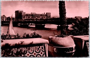 Cairo - Khedive Ismail Bridge & Semiramis Hotel Egypt Ships Buildings Postcard