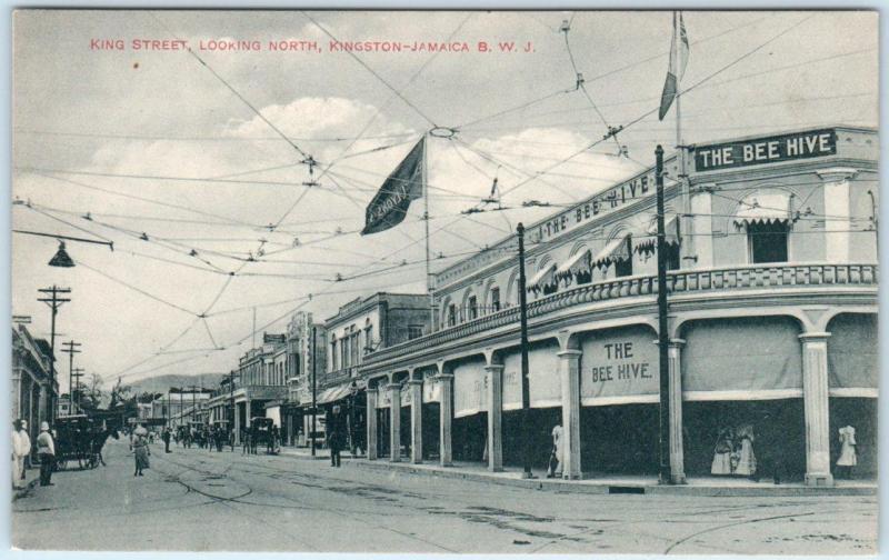 KINGSTON, JAMAICA  B.W.I.  looking North KING STREET Scene  BEE HIVE  Postcard