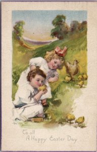 Easter Greetings by Lyman Powell Darling Children with Chicks Postcard W15