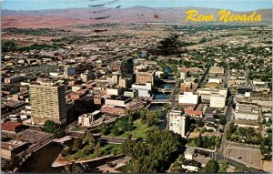 Postcard Nevada Reno Air View Downtown Truckee River Business Section 1970 V13