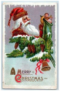 c1910's Christmas Santa Claus Stockings Full Of Toys Pine Cone Bell Postcard