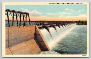 Joliet IL~Brandon Dam~Illinois Waterway~Des Plaines River~1936 Linen Postcard