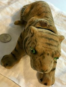 Vintage Felt Tiger Bobble Nodding Head 8” Green Eyes Teeth Unusual   SKU 043-106