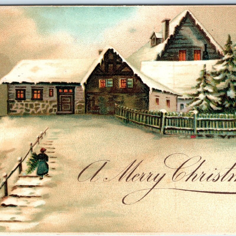 c1910s Beautiful German Colorful Lithograph Merry Christmas Postcard House A68