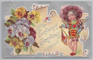 Greetings~Pansies Girl In Heart Outfit Birthday Greeting~Vintage Postcard 