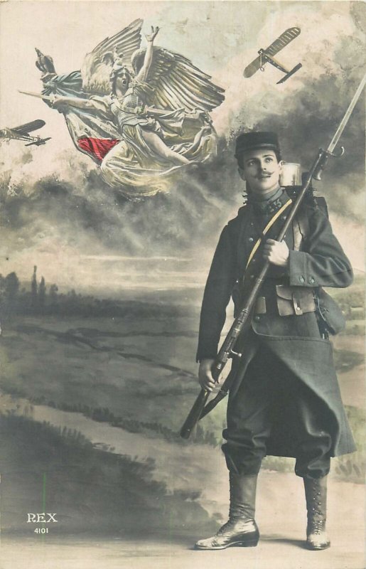 WW1 France great war patriotic military allegory soldier rifle woman plane angel