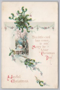 Christmas~Mistletoe Bursts Over Gated Winter Road~Embossed~IAPC~1915 Postcard 