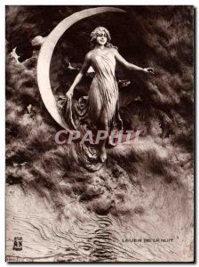 Postcard Old Woman Fantasy Moon Sunrise night