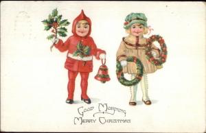 Christmas - Children w/ Wreaths & Bell c1920 Postcard