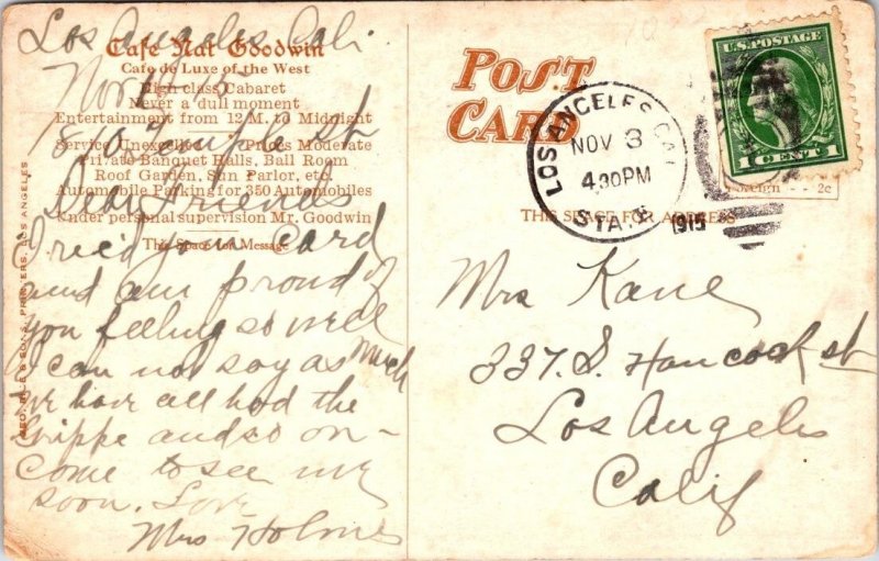 Santa Monica, CA California  CAFE NAT GOODWIN  High Class Cabaret  1915 Postcard