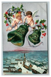 Vintage 1907 Christmas Postcard Cherub Angels Large Green Bells Snowy Village