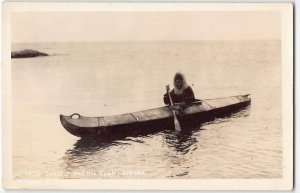 RPPC Eskimo & His Kayak, Alaska Native Americana 1940s Photo Vintage Postcard