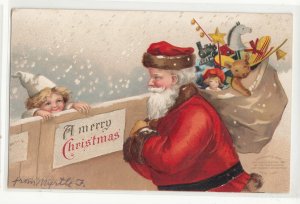 P3286 old postcard santa clause large bag of toys to deliver merry christmas