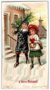 1906 Merry Christmas Children In Winter House Church Glitter Embossed Postcard