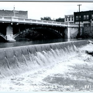 c1950s Manchester, IA RPPC Maquoketa River Dam Marion Bridge Spandrel Arch A104