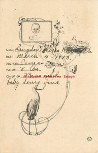 Baby Arrival Announcement, Langdon, 1913, Camas, Washington, Stork