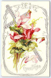 Vintage Postcard Greetings Card Thin Silver Cross with Pink Flower Watercolor