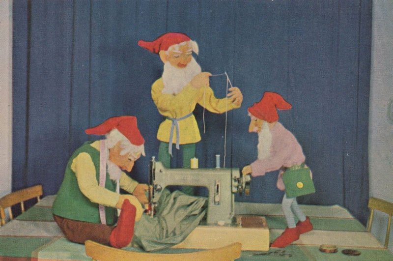Garden Toy Gnomes Sewing on Antique Machine Postcard