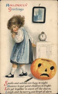 Halloween Little Girl JOL SPOOKS Poem Ellen Clapsaddle c1915 Postcard