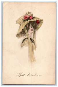 c1910's Best Wishes Pretty Woman Floral Big Hat Embossed Antique Postcard