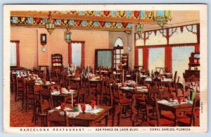 1936 BARCELONA RESTAURANT INTERIOR CORAL GABLES FLORIDA VINTAGE LINEN POSTCARD
