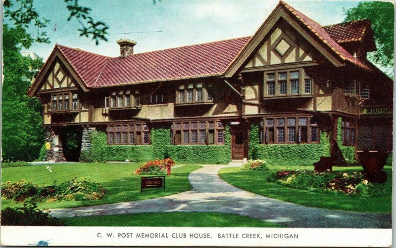 CW Post Memorial Club House Battle Creek Michigan WOB Note Postcard Vintage UNP 