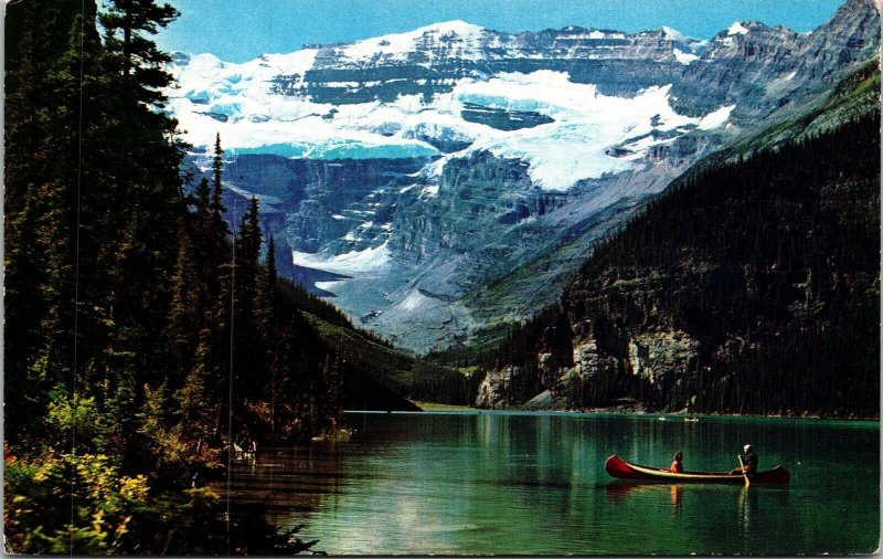 Lake Louise Victoria Glacier Canadian Rockies Postcard PM Cancel WOB Note VTG 