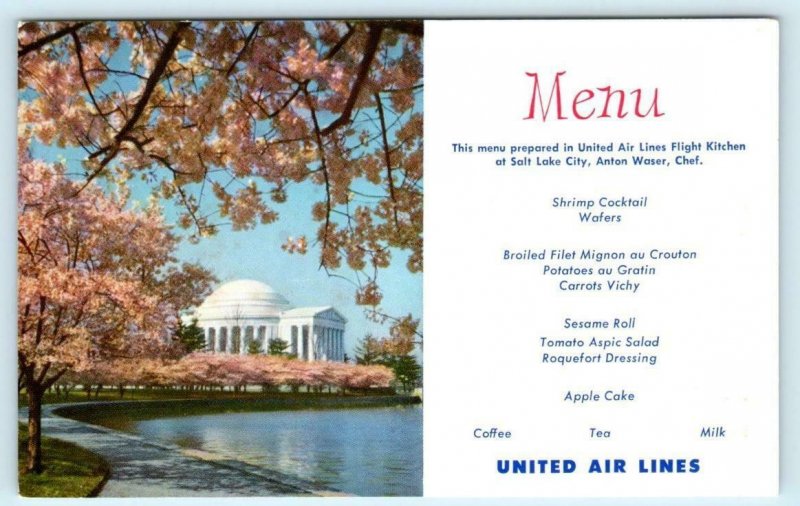 UNITED AIR LINES MENU Advertising WASHINGTON D.C. Jefferson Memorial Postcard