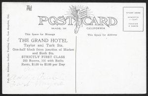 Grand Hotel Taylor & Turk Streets San Francisco California Unused c1910s