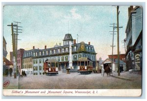 1909 Soldier's Monument And Monument Square Woonsocket RI Posted Busses Postcard 