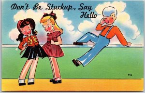 Little Girls Gossip Boy Hears  Don't Be Stuck Up Say Hello Comic Card Postcard