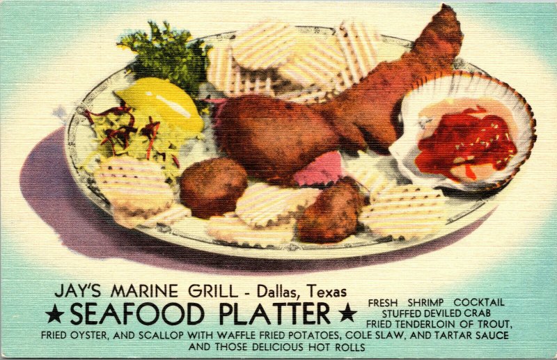 Vtg Jays Marine Grill Restaurant Seafood Platter Dallas TX Advertising Postcard