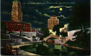 Vtg 1940s Moonlight on the San Antonio River Night View Texas TX Linen Postcard