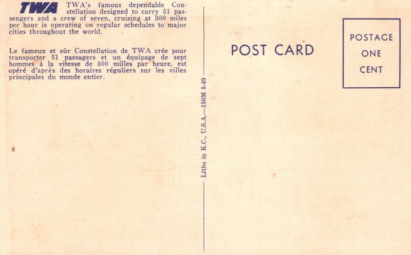 TWA Constellation Airplane Flight Trans World Airline Vintage Postcard