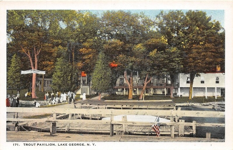 H99/ Lake George New York Postcard c1910 Trout Pavilion Boats  164