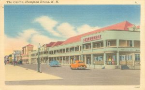 Hampton Beach New Hampshire Casino, Old Cars 1954 Linen Postcard Used