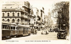 australia, VIC, MELBOURNE, Colins Street, Tram (1930s) Rose Series RPPC Postcard