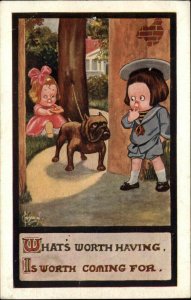 Children Comic Bull Dog Protects Girl from Boy c1910s Postcard