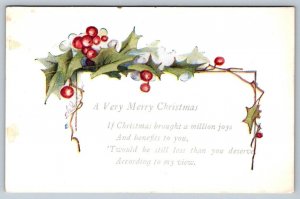 A Very Merry Christmas, Rhyme, Holly, Vintage Alcan Moss Greeting Postcard