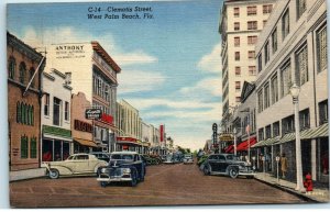 1940s Clematis Street West Palm Beach FL Florida Old Cars Linen Postcard