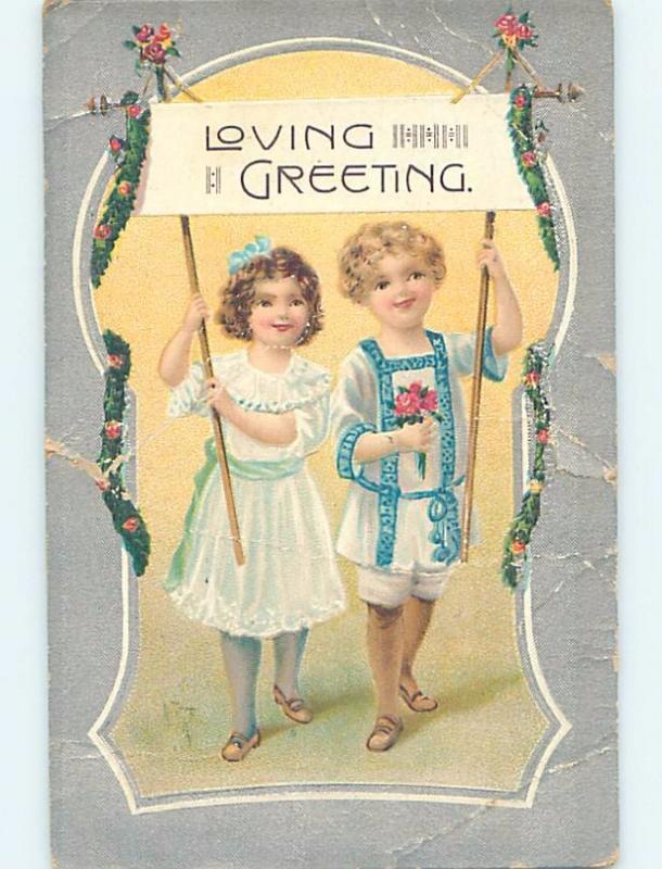 Edge Tears c1910 GIRL AND BOY HOLDING UP A LOVE GREETING SIGN HL5260