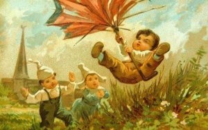 Dutch Children Boy Flying Umbrella Field Victorian Trade Card C2