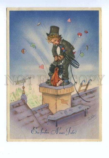 141918 Chimney sweep by Charlotte BARON vintage NEW YEAR PC